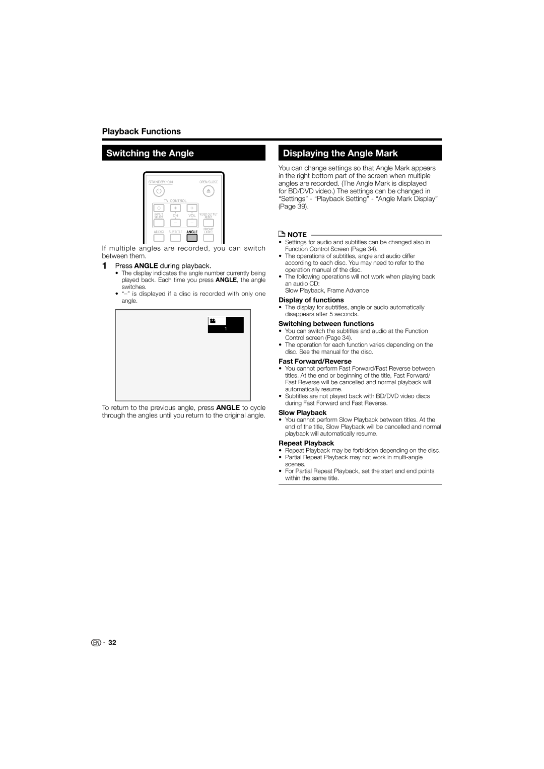 Pioneer BDP-120 operating instructions Switching the Angle Displaying the Angle Mark 