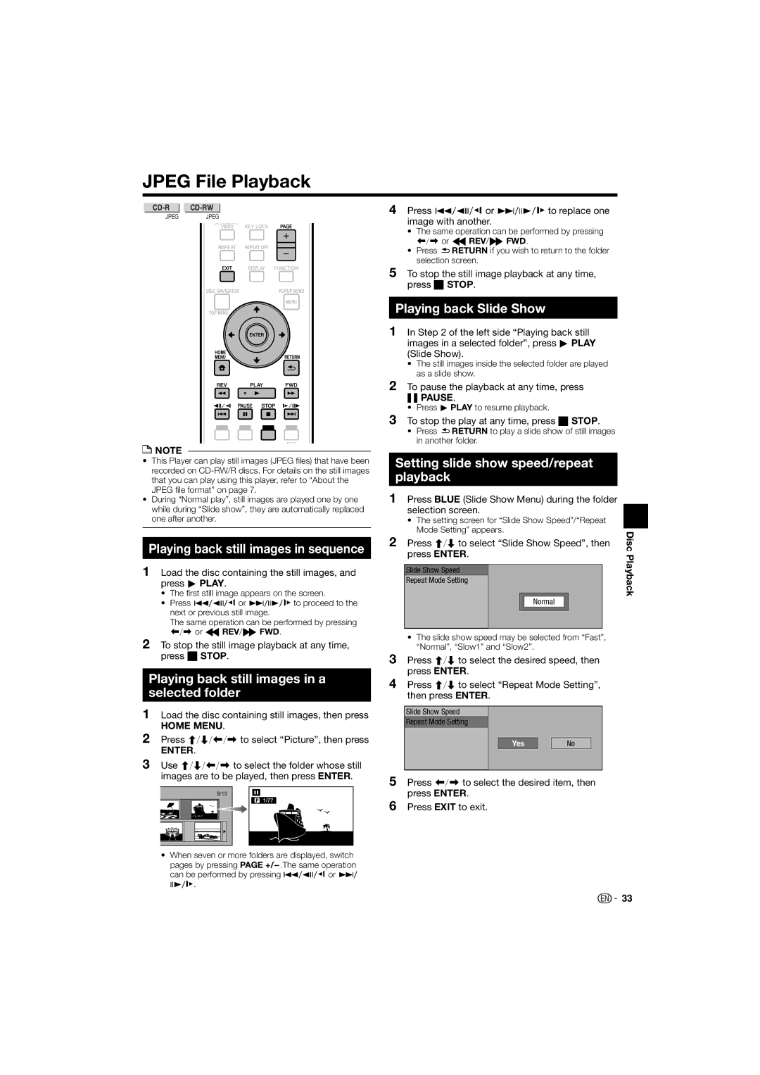 Pioneer BDP-120 Jpeg File Playback, Playing back Slide Show, Setting slide show speed/repeat playback 