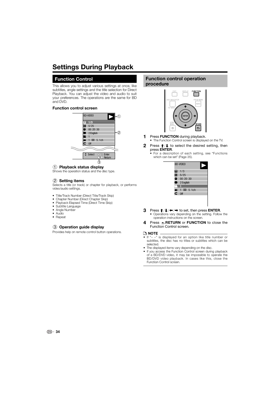 Pioneer BDP-120 operating instructions Settings During Playback, Function Control, Function control operation procedure 