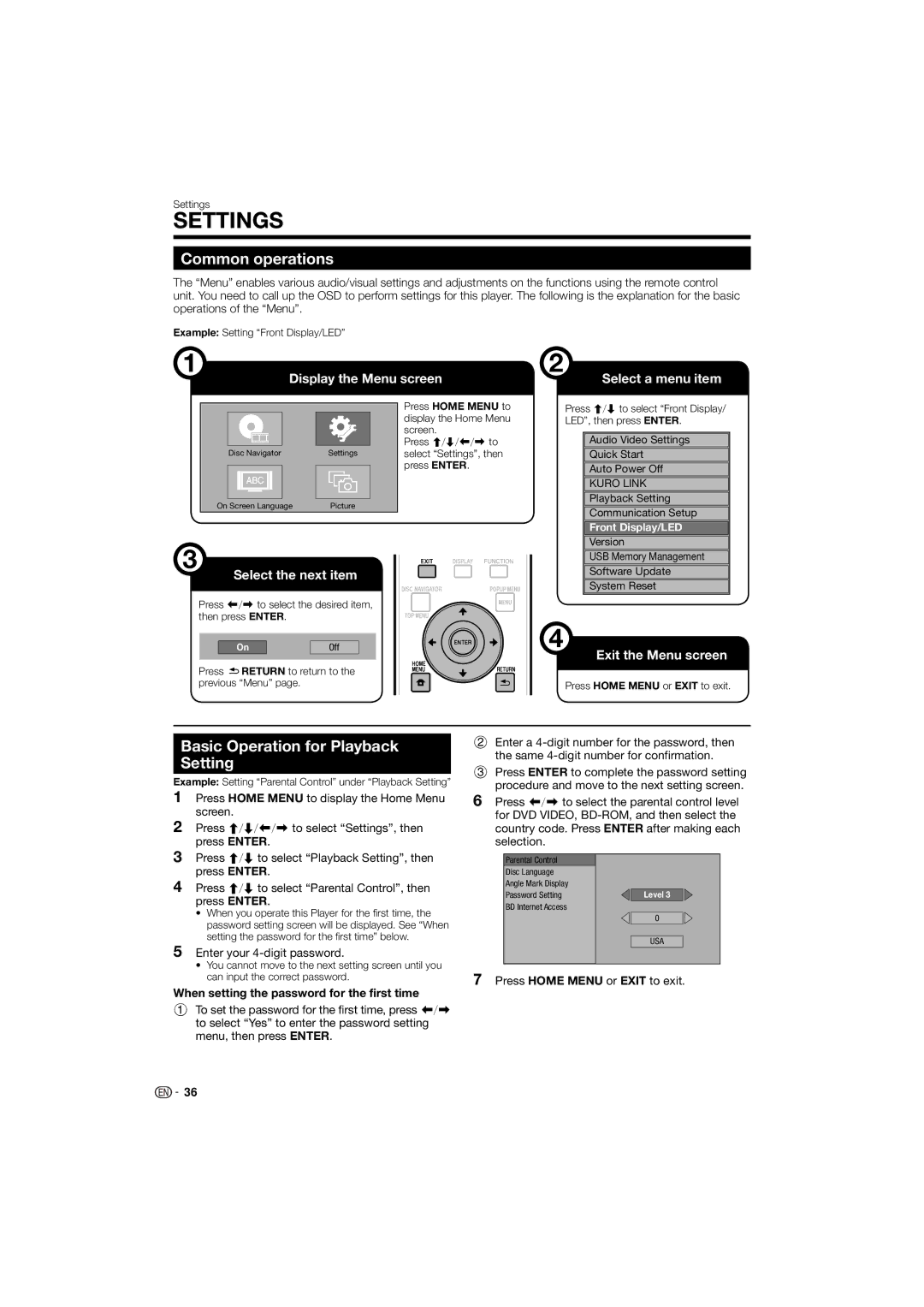 Pioneer BDP-120 operating instructions Common operations, Basic Operation for Playback Setting, Enter your 4-digit password 