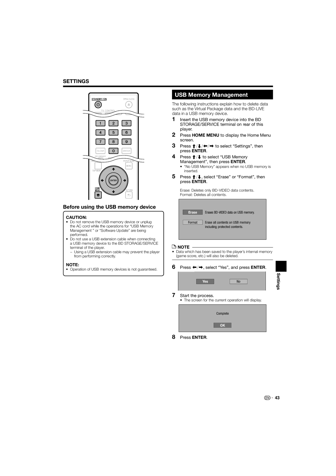 Pioneer BDP-120 USB Memory Management, Before using the USB memory device, Press , select Yes, and press Enter 