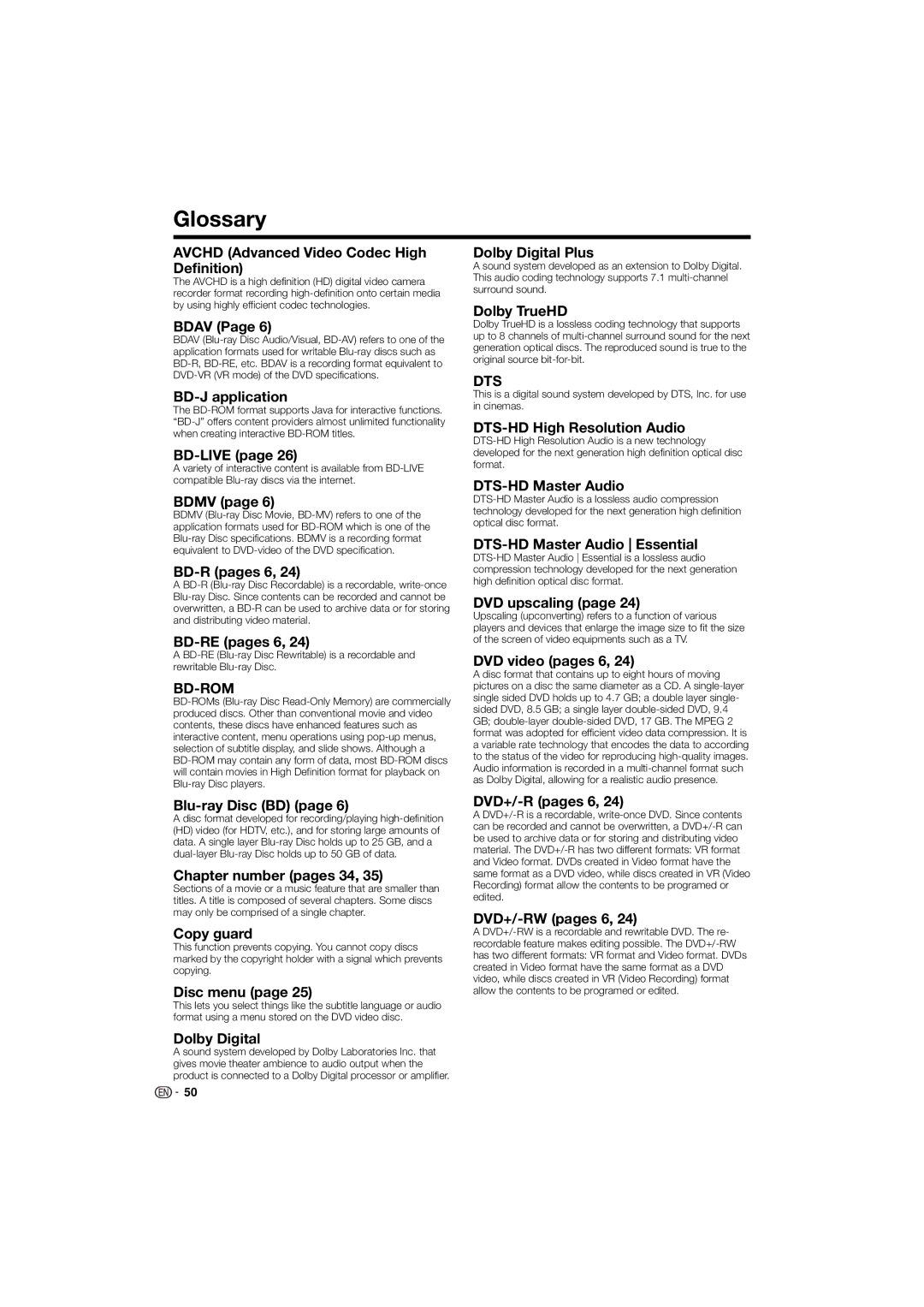 Pioneer BDP-120 operating instructions Glossary 