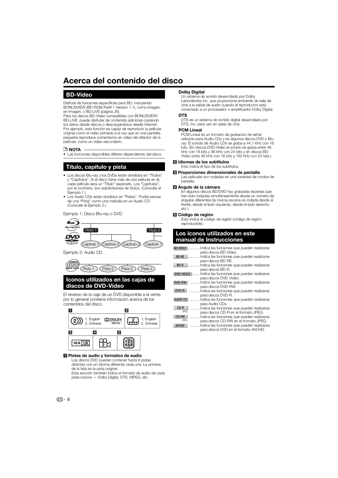 Pioneer BDP-120 operating instructions Acerca del contenido del disco, BD-Vídeo, Título, capítulo y pista 