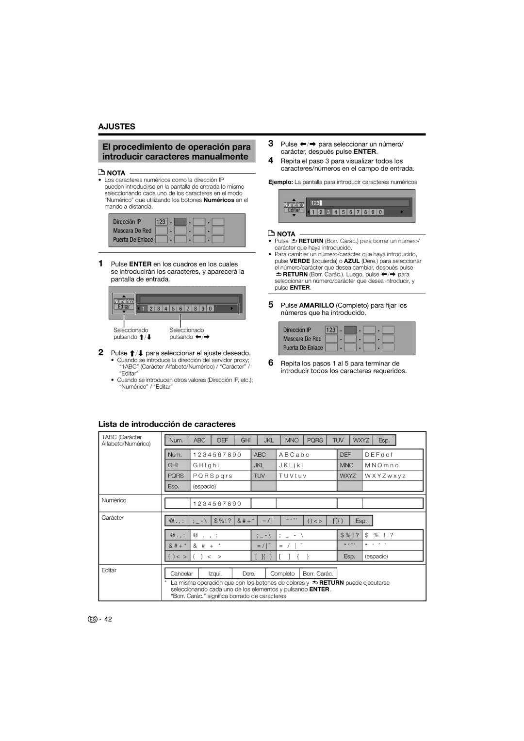 Pioneer BDP-120 operating instructions Lista de introducción de caracteres, Pulse  para seleccionar el ajuste deseado 