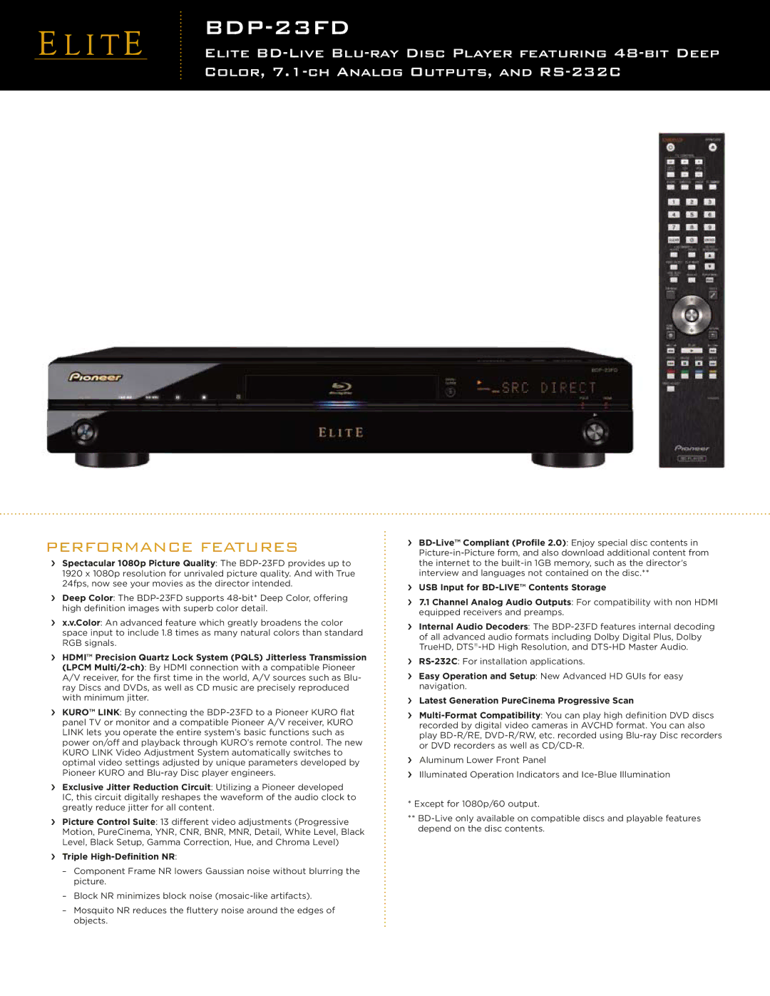 Pioneer BDP-23FD manual Performance Features, ›› Triple High-Definition NR, ›› USB Input for BD-LIVE Contents Storage 