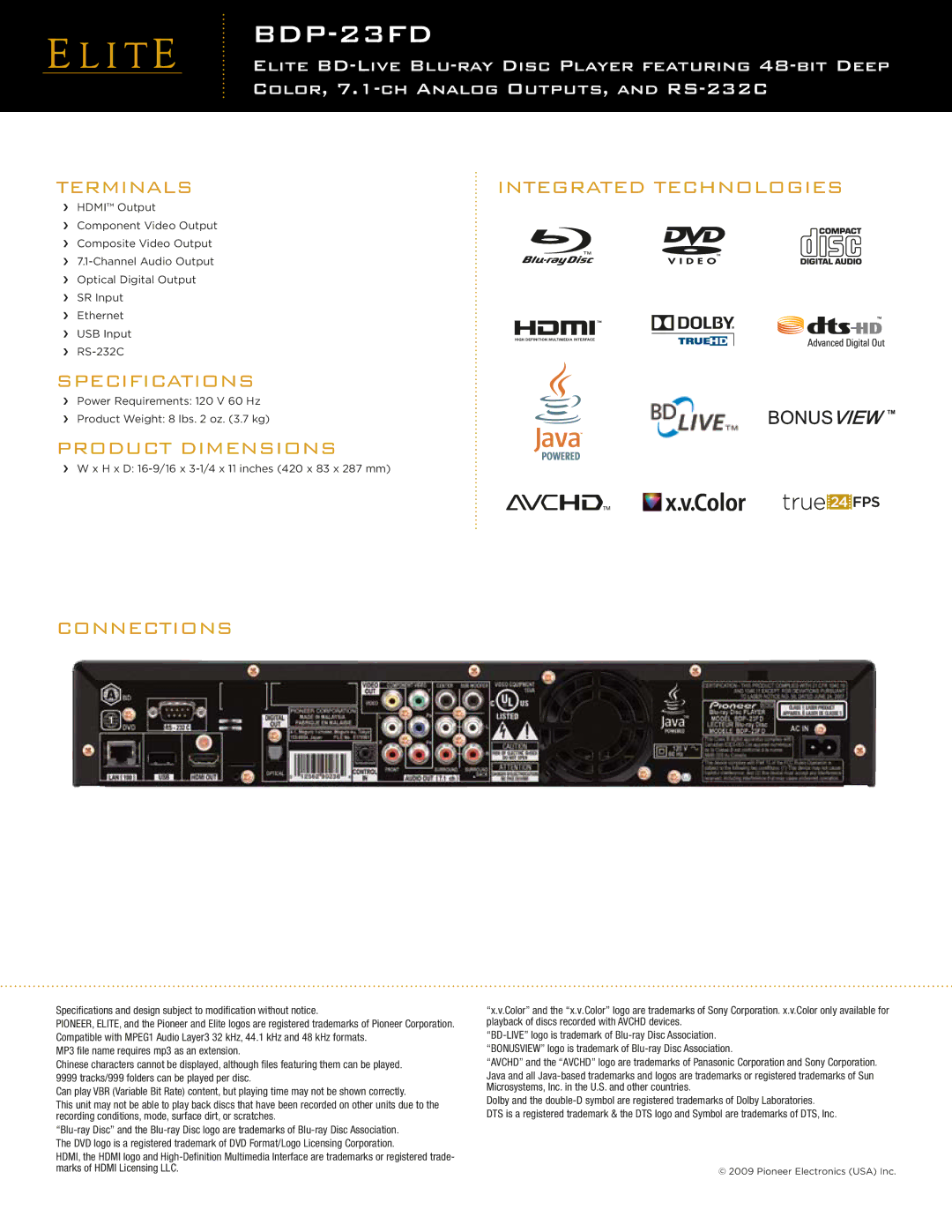 Pioneer BDP-23FD manual Terminals Integrated Technologies, Specifications, Product Dimensions, Connections 