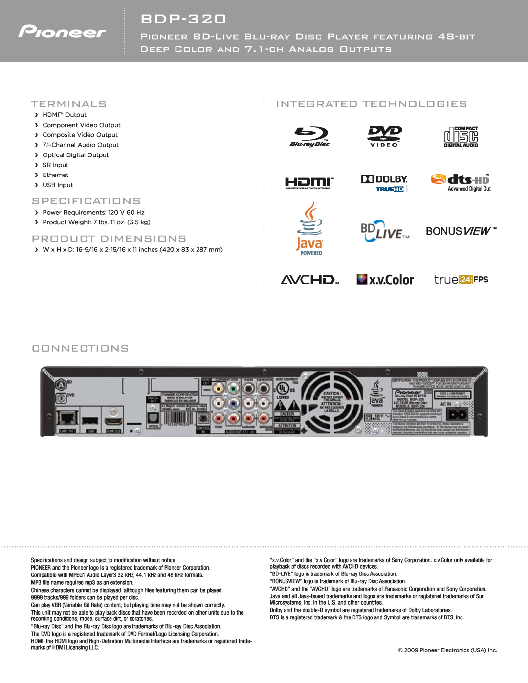 Pioneer BDP-320 manual Terminals, Integrated Technologies, Specifications, Product Dimensions, Connections 