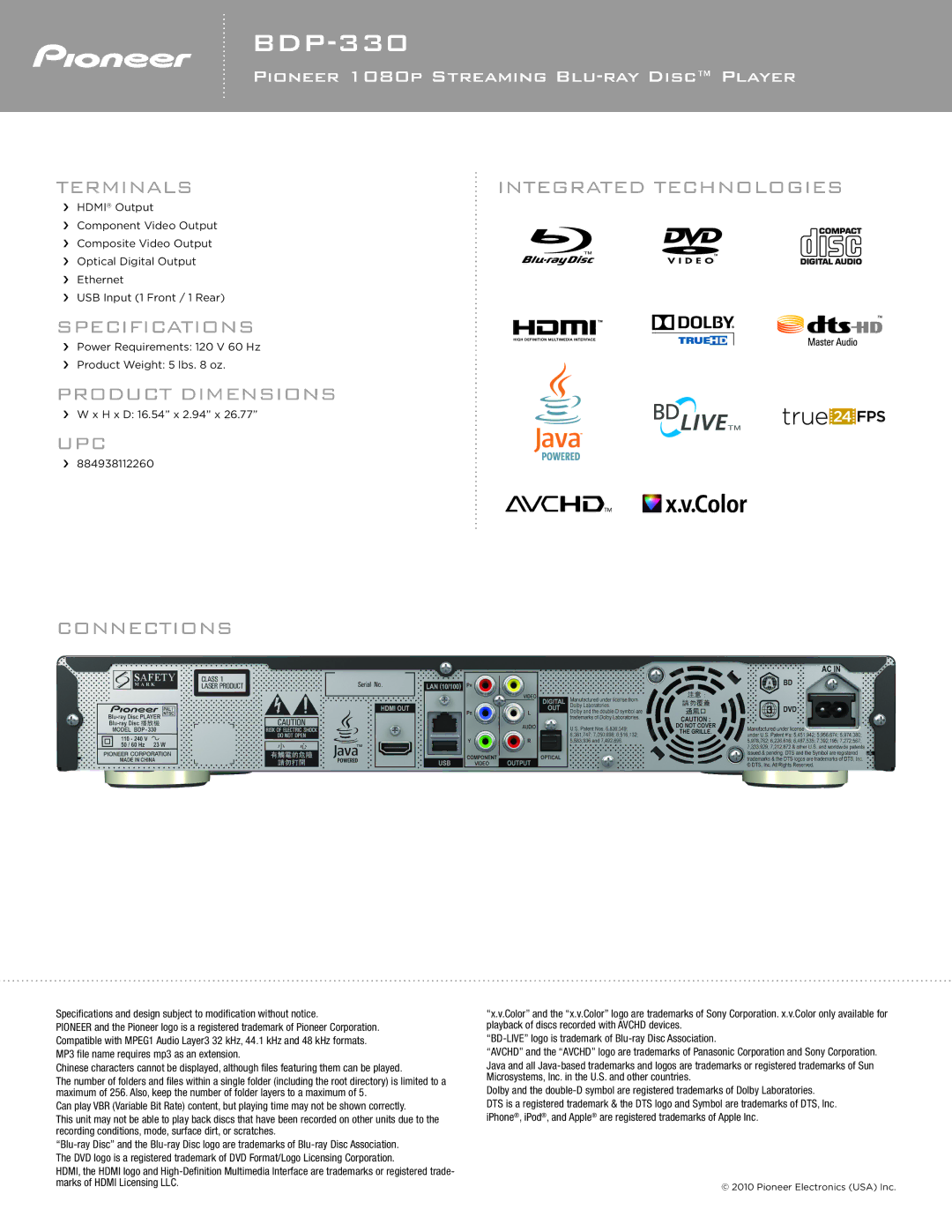 Pioneer BDP-330 manual Terminals Integrated Technologies, Specifications, Product Dimensions, UPC Connections 