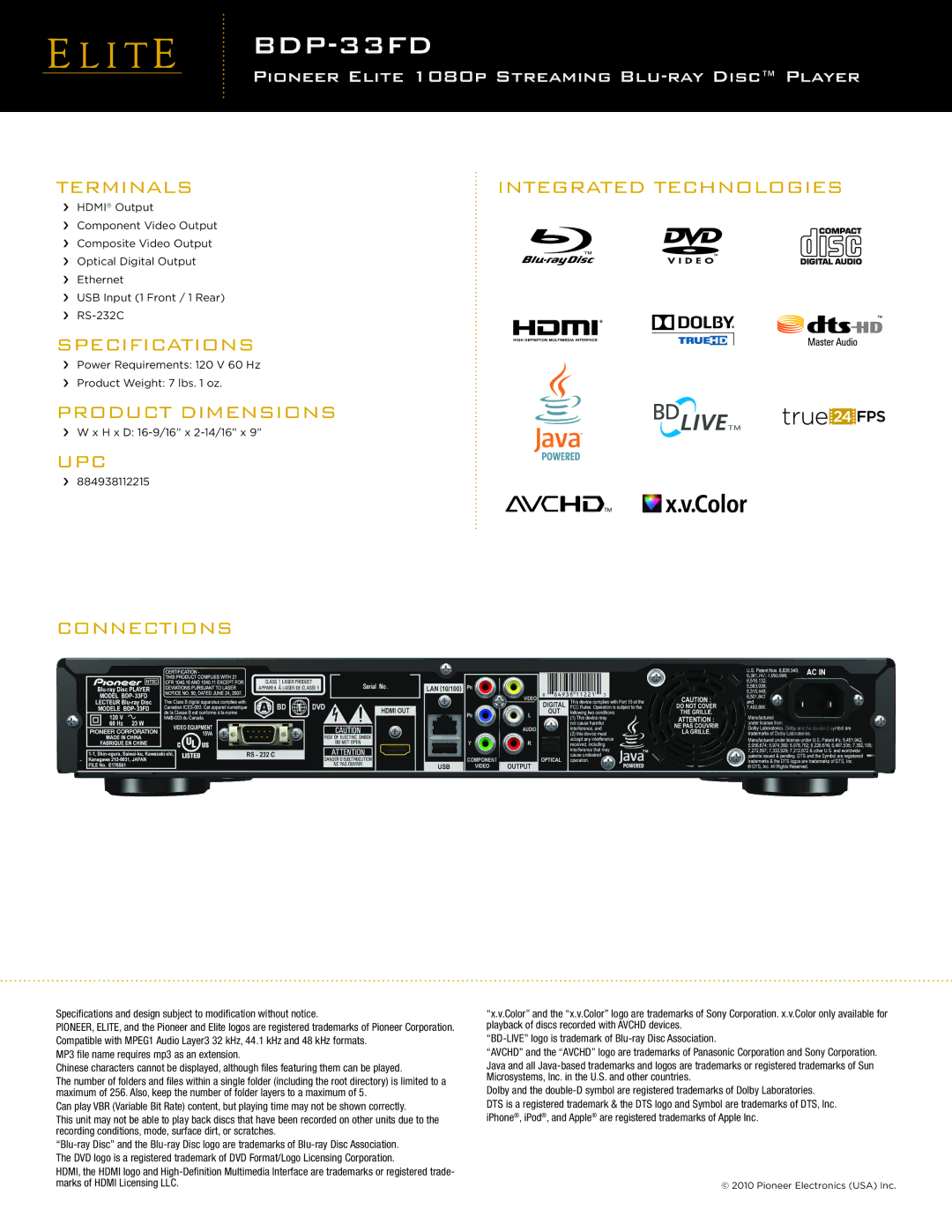 Pioneer BDP-33FD manual Terminals Integrated Technologies, Specifications, Product Dimensions, UPC Connections 