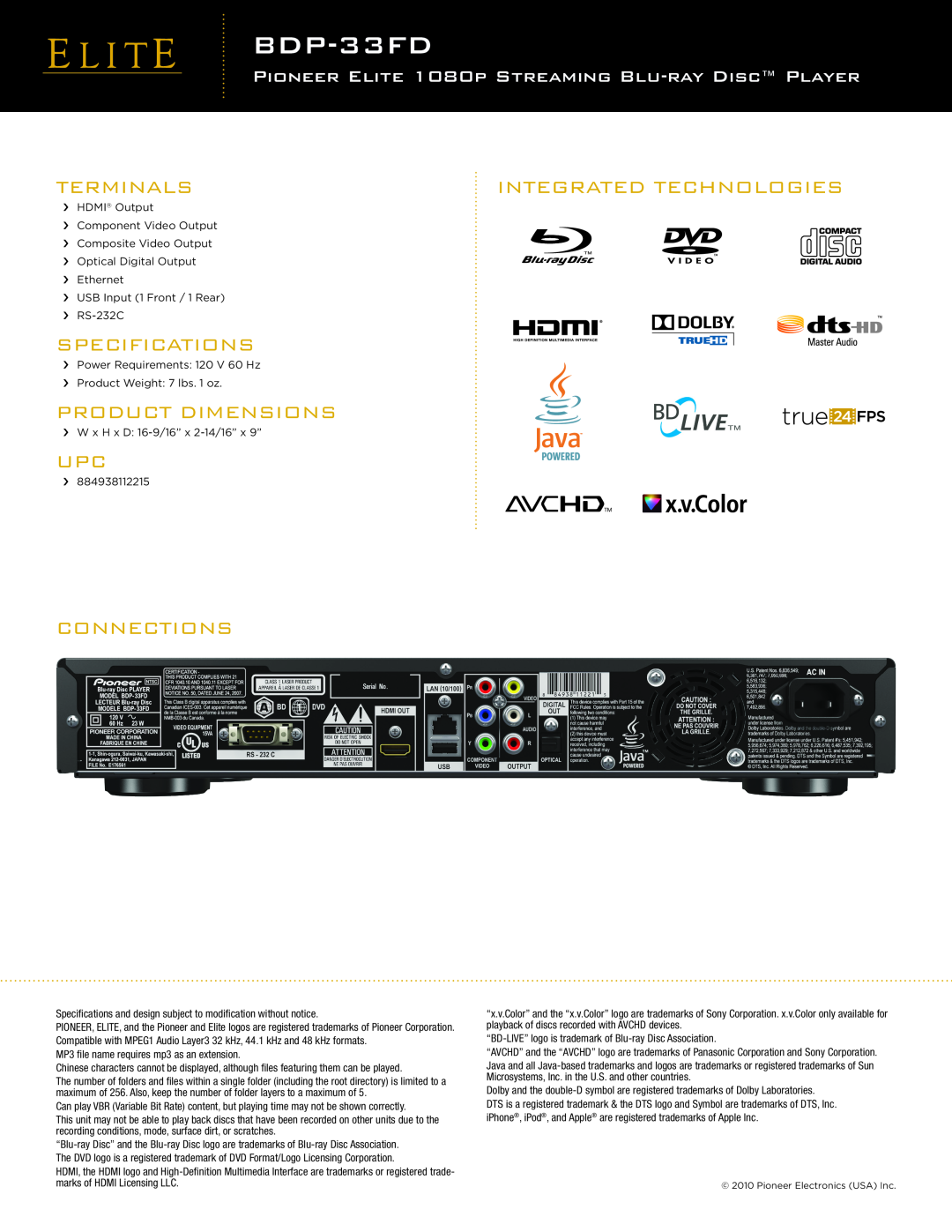 Pioneer BDP-33FD manual Terminals, Integrated Technologies, Specifications, Product Dimensions, Connections 