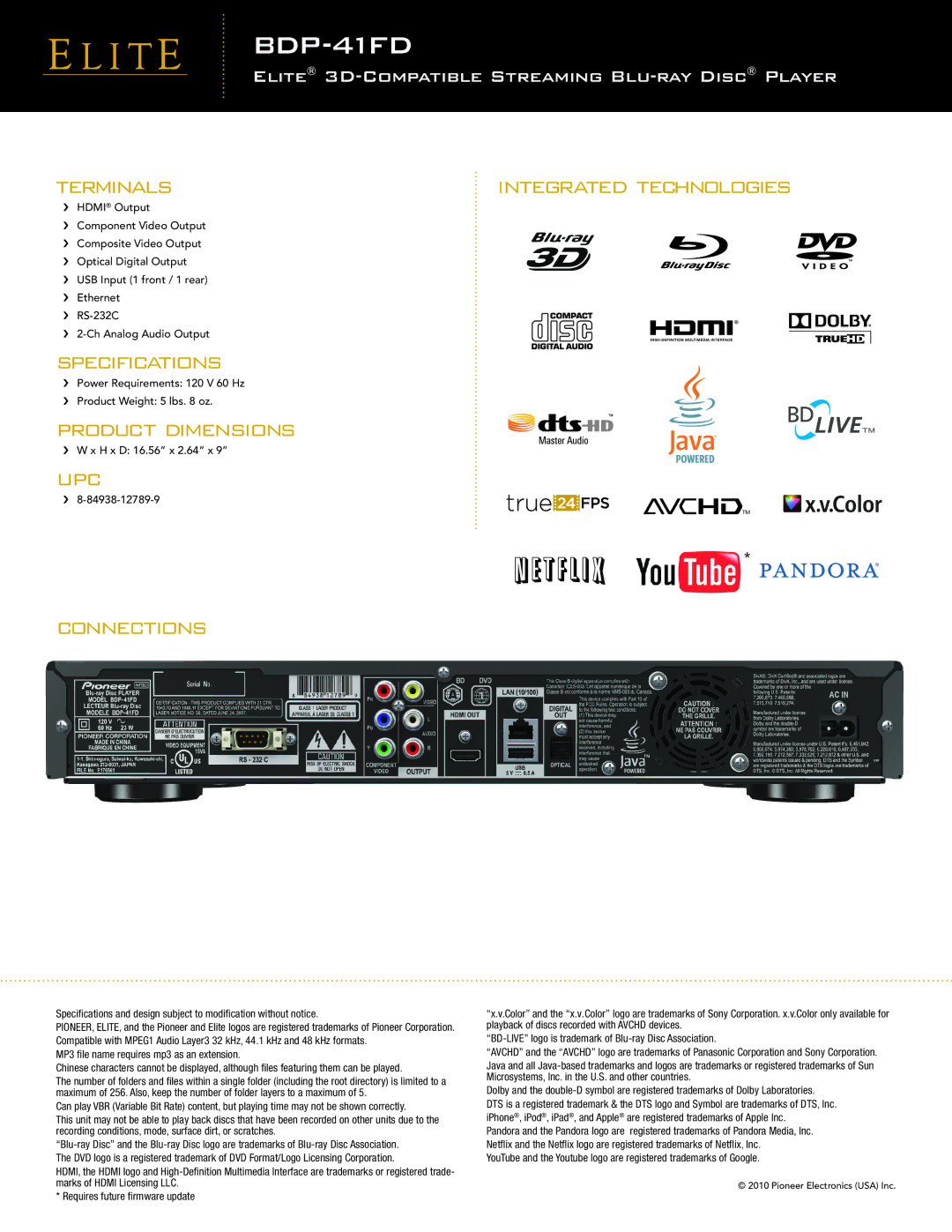 Pioneer BDP-41FD manual Terminals, Specifications, Product Dimensions, UPC Integrated Technologies Connections 