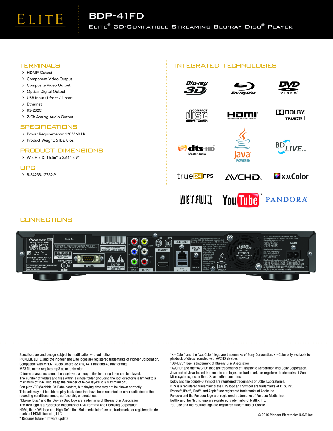 Pioneer BDP-41FD manual Terminals, Specifications, Product Dimensions, Integrated Technologies, Connections 