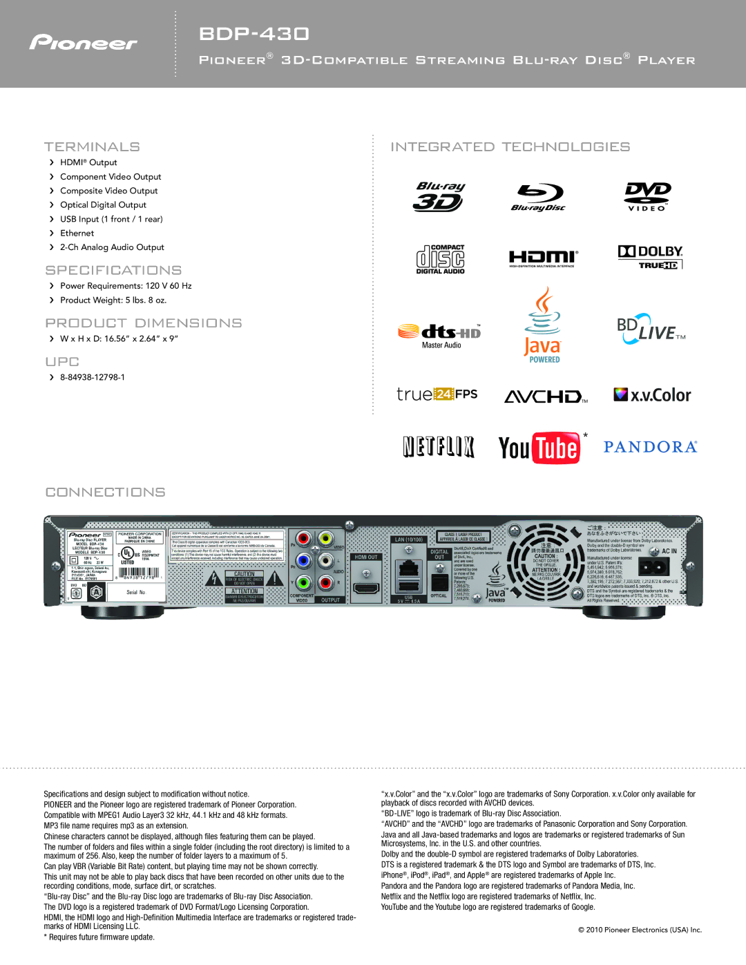 Pioneer BDP-430 manual Terminals, Specifications, Product Dimensions, UPC Connections, Integrated Technologies 