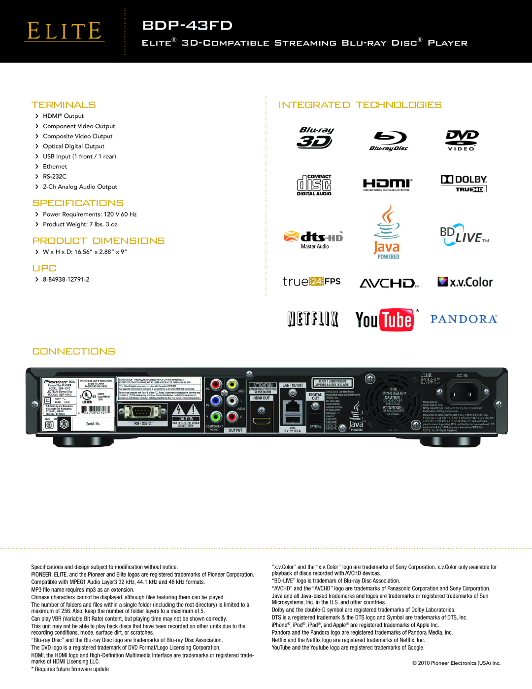 Pioneer BDP-43FD manual Terminals, Specifications, Product Dimensions, UPC Integrated Technologies Connections 