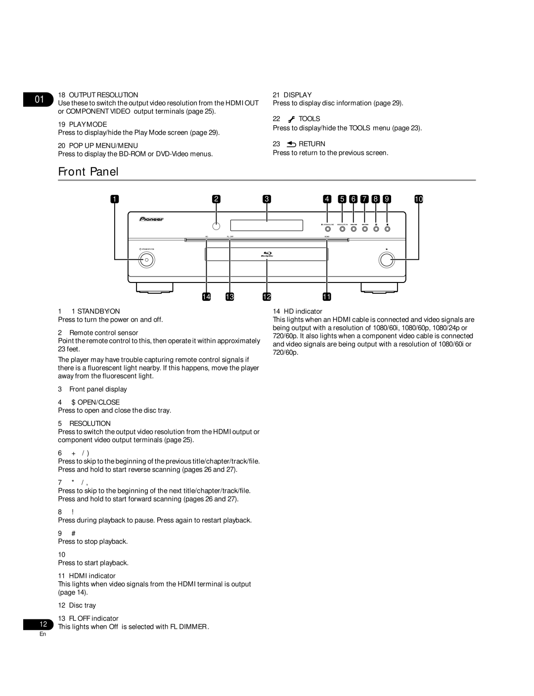 Pioneer BDP-51FD operating instructions Front Panel 