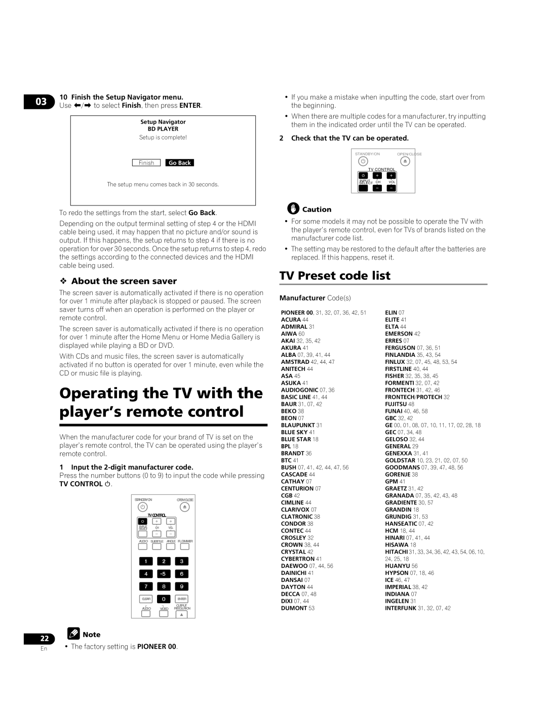 Pioneer BDP-51FD Operating the TV with the player’s remote control, TV Preset code list,  About the screen saver 