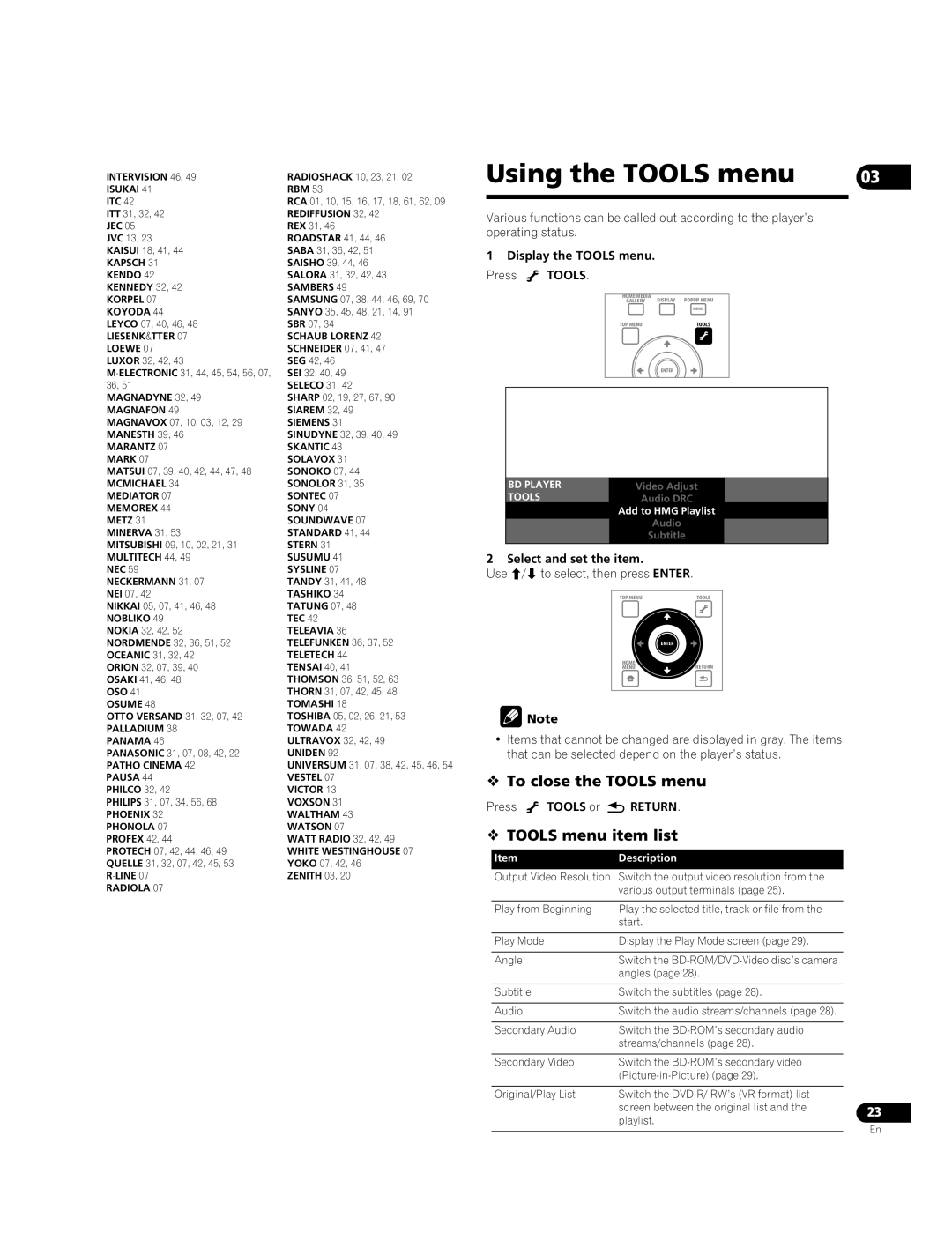 Pioneer BDP-51FD  To close the Tools menu,  Tools menu item list, Display the Tools menu, Select and set the item 