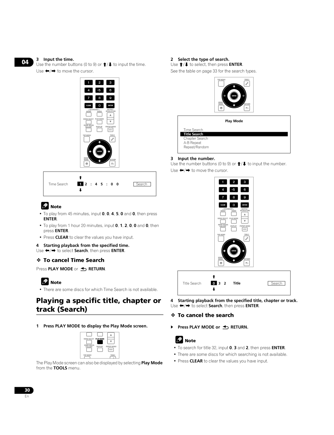 Pioneer BDP-51FD Playing a specific title, chapter or track Search,  To cancel Time Search,  To cancel the search 