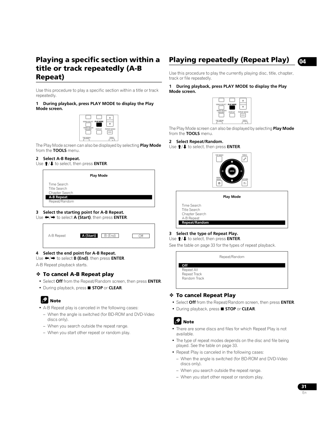 Pioneer BDP-51FD Playing repeatedly Repeat Play,  To cancel A-B Repeat play,  To cancel Repeat Play, Select A-B Repeat 