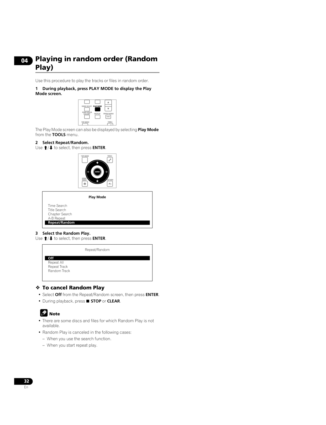 Pioneer BDP-51FD Playing in random order Random Play,  To cancel Random Play, Select the Random Play 