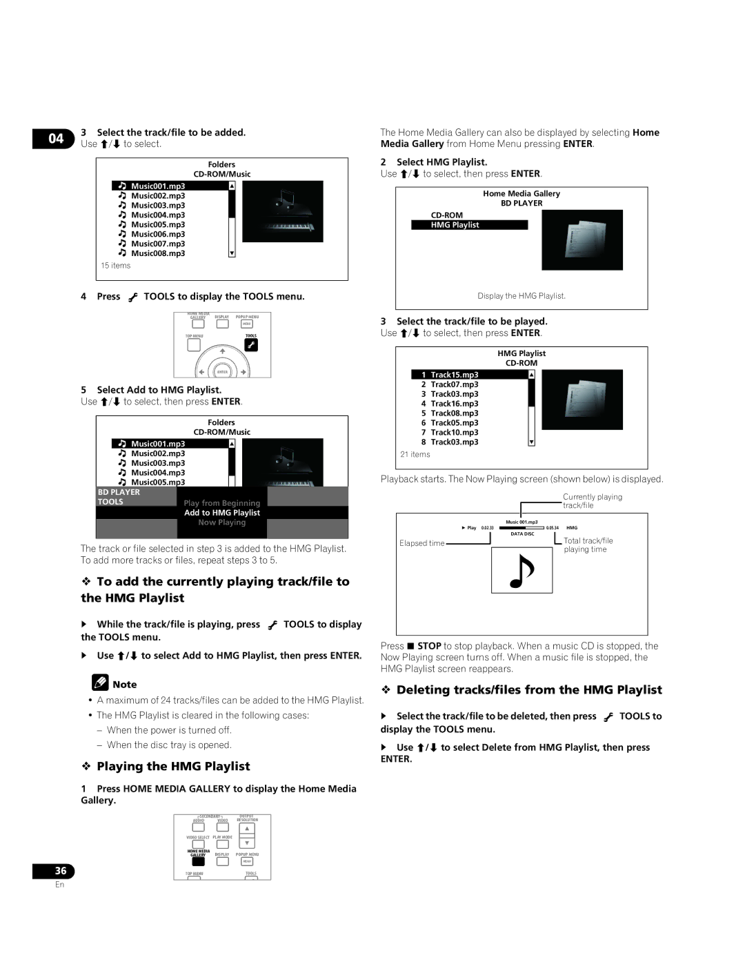 Pioneer BDP-51FD operating instructions  Playing the HMG Playlist,  Deleting tracks/files from the HMG Playlist 