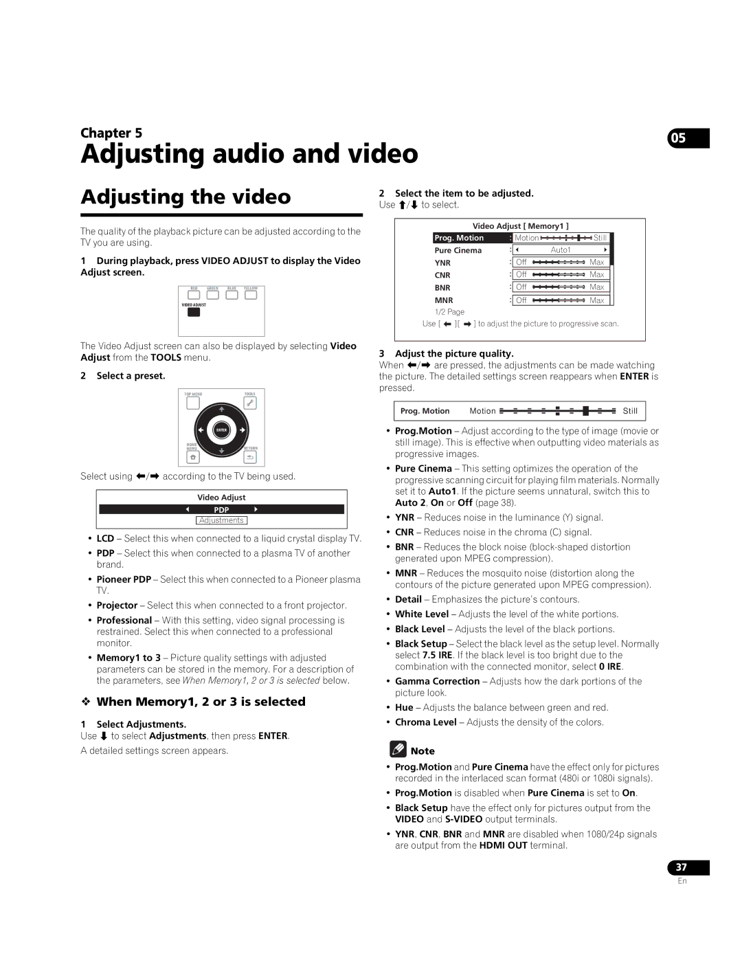 Pioneer BDP-51FD operating instructions Adjusting the video,  When Memory1, 2 or 3 is selected 