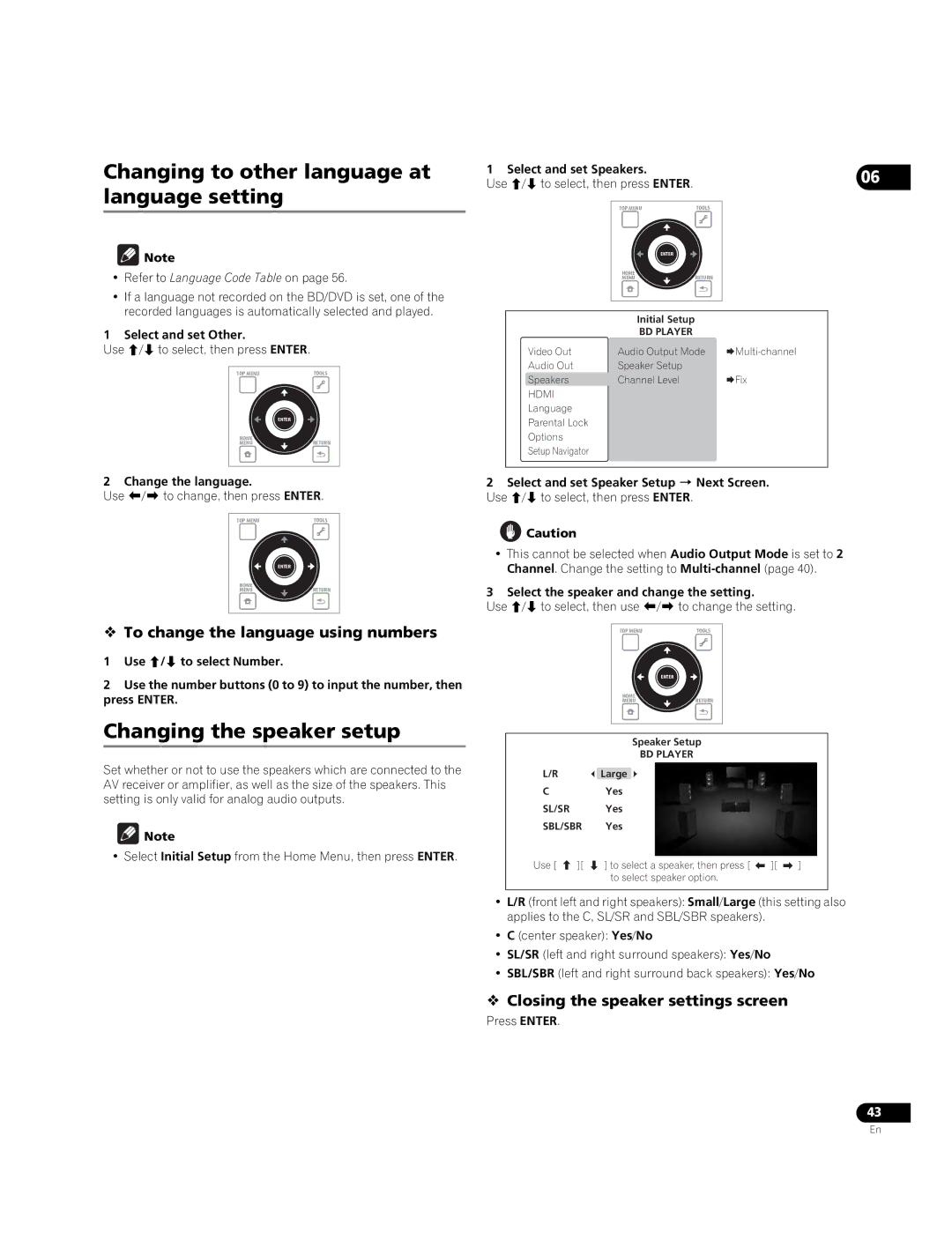 Pioneer BDP-51FD operating instructions Changing to other language at language setting, Changing the speaker setup 