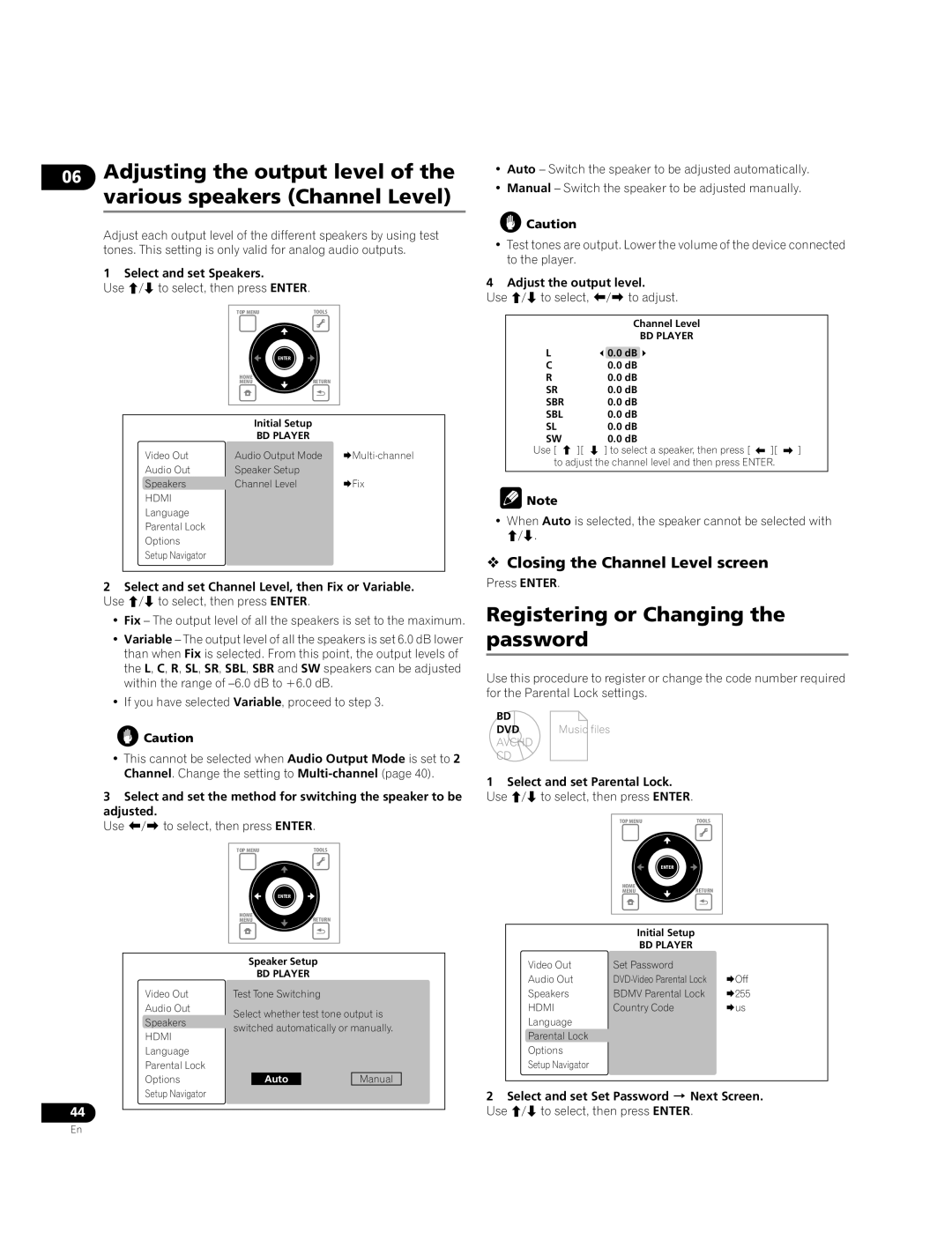 Pioneer BDP-51FD Registering or Changing the password,  Closing the Channel Level screen, Adjust the output level 