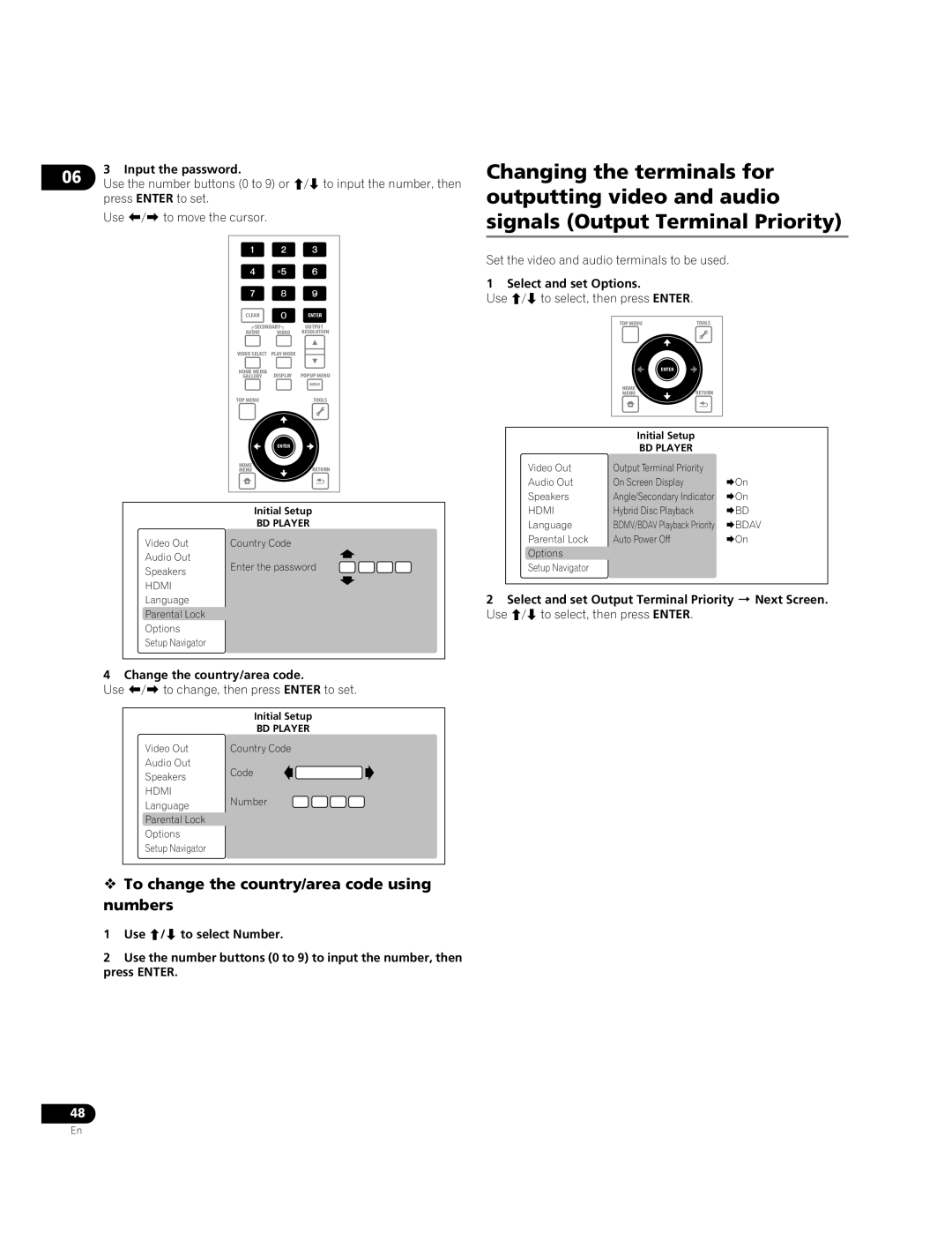 Pioneer BDP-51FD  To change the country/area code using numbers, Change the country/area code, Select and set Options 