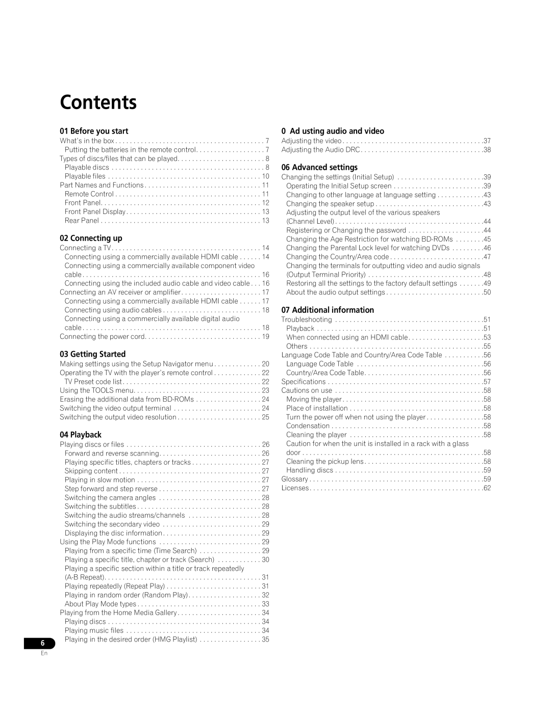 Pioneer BDP-51FD operating instructions Contents 