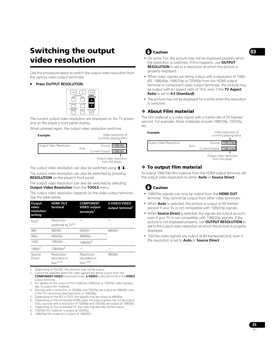 Pioneer BDP-51FD Switching the output video resolution,  About Film material,  To output film material, Output 