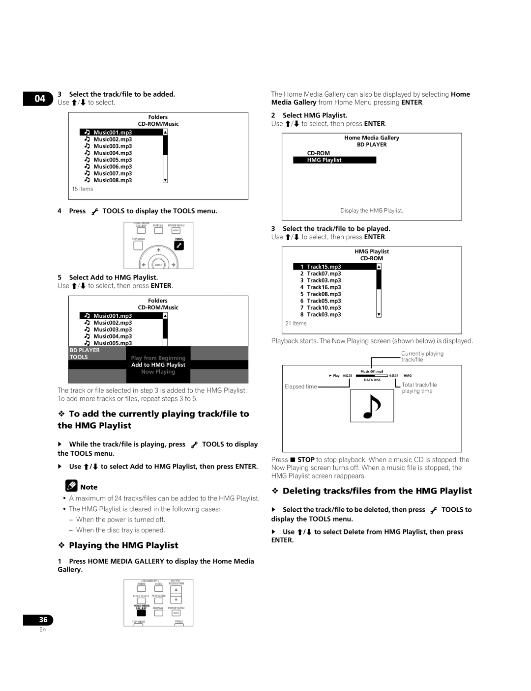 Pioneer BDP-51FD operating instructions  Playing the HMG Playlist,  Deleting tracks/files from the HMG Playlist 