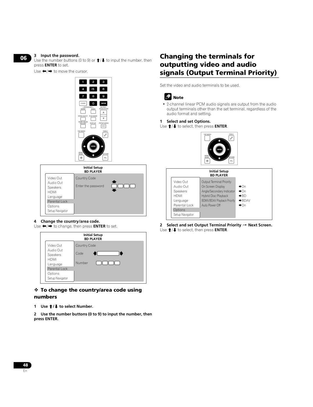 Pioneer BDP-51FD  To change the country/area code using numbers, Select and set Options, Change the country/area code 