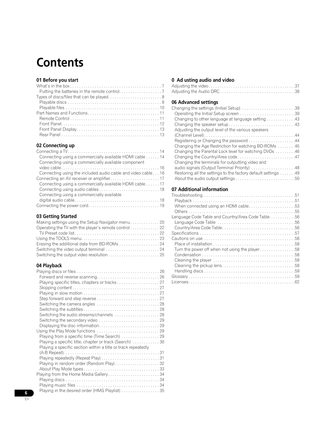 Pioneer BDP-51FD operating instructions Contents 