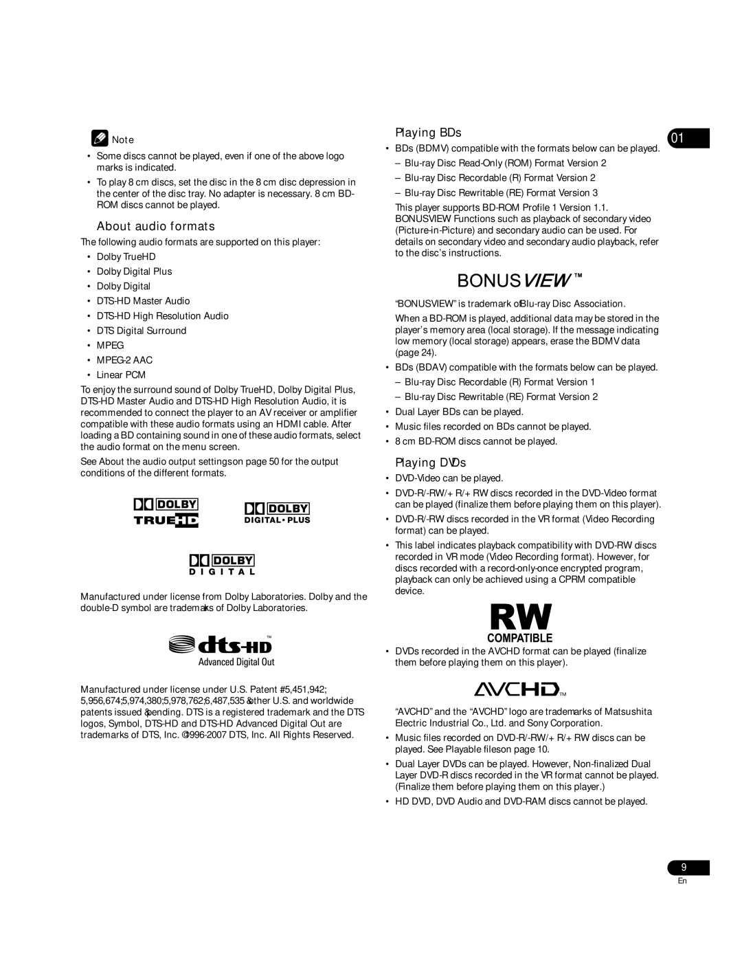 Pioneer BDP-51FD operating instructions  About audio formats,  Playing BDs,  Playing DVDs 