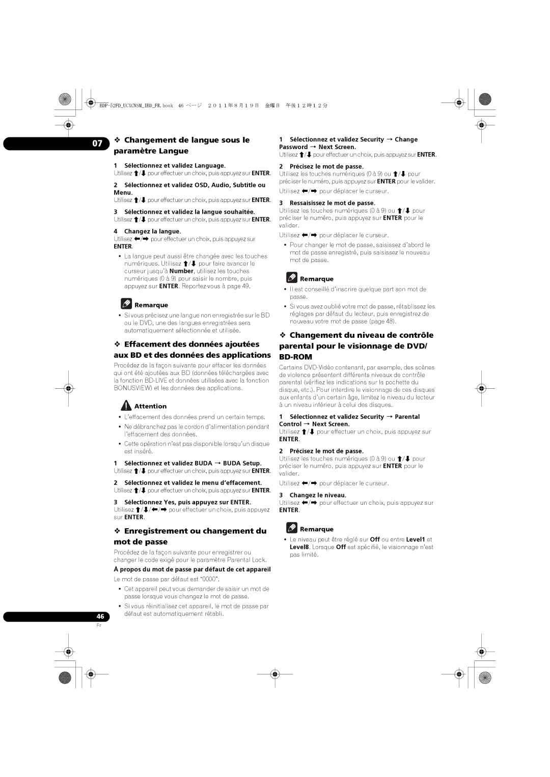 Pioneer BDP-52FD  Changement de langue sous le paramètre Langue,  Enregistrement ou changement du mot de passe 