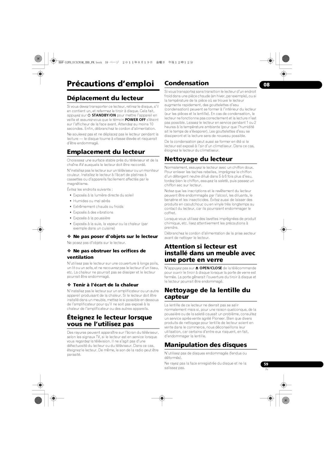 Pioneer BDP-52FD operating instructions Précautions d’emploi 