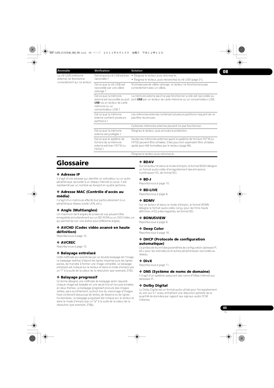 Pioneer operating instructions Glossaire, BDP-52FDUCXCNSMIBDFR.book 65 ページ ２０１１年８月１９日 金曜日 午後１２時１２分 