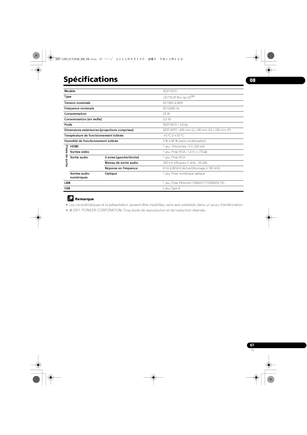 Pioneer BDP-52FD operating instructions Spécifications 