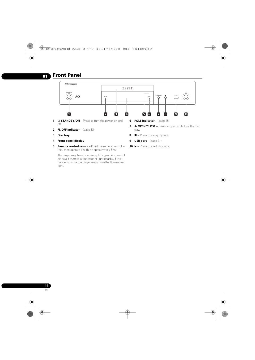 Pioneer BDP-52FD operating instructions Front Panel,  STANDBY/ON Press to turn the power on and off, Pqls indicator 