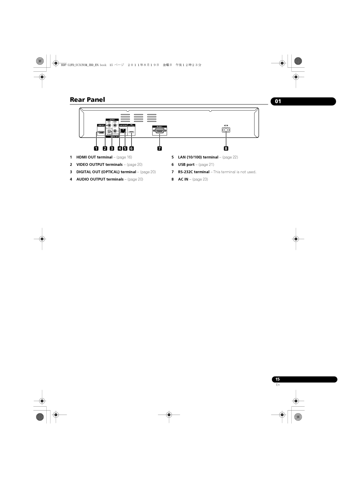 Pioneer operating instructions Audio Output terminals, BDP-52FDUCXCNSMIBDEN.book 15 ページ ２０１１年８月１９日 金曜日 午後１２時２３分 