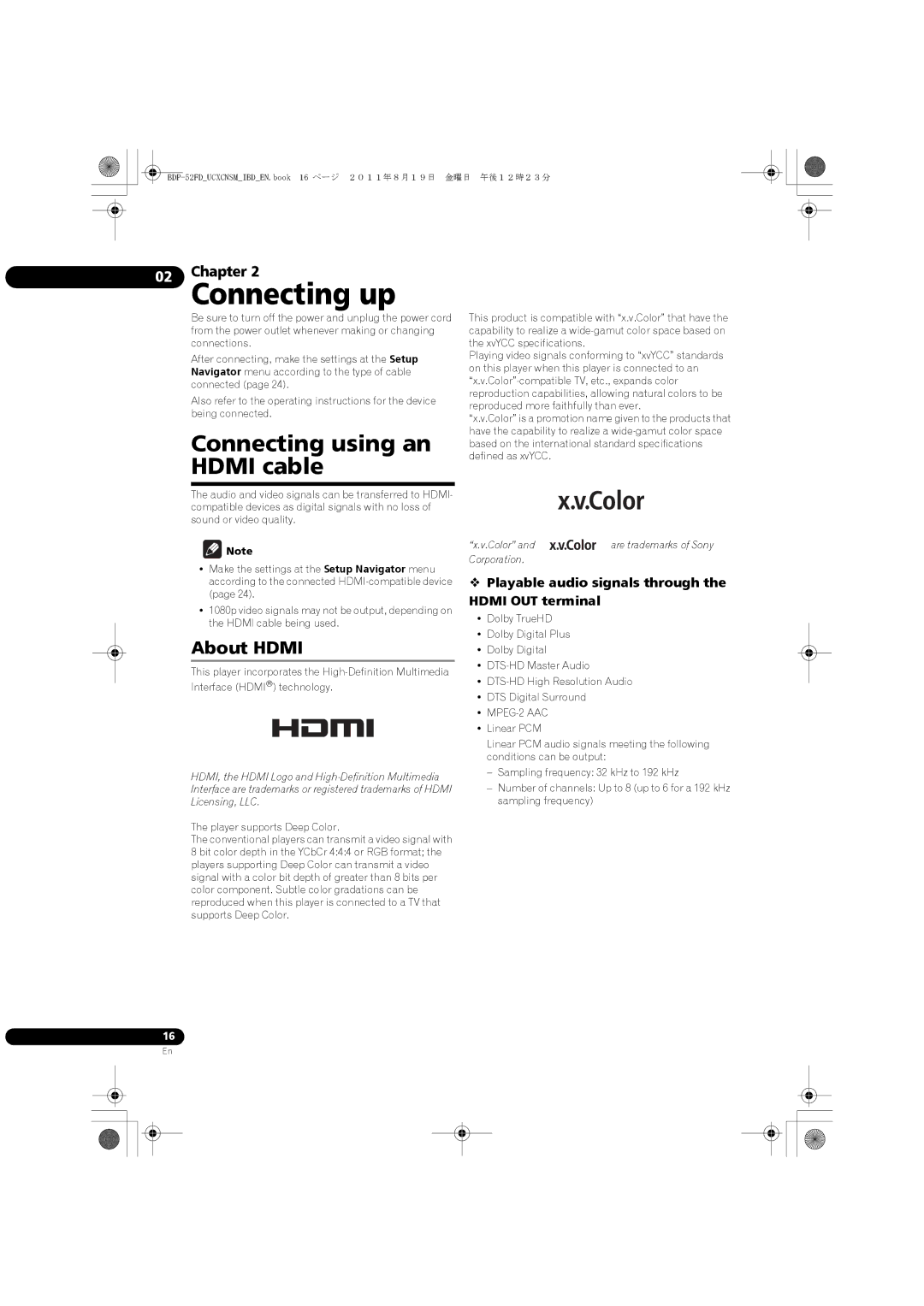 Pioneer BDP-52FD Connecting using an Hdmi cable, About Hdmi,  Playable audio signals through the Hdmi OUT terminal 