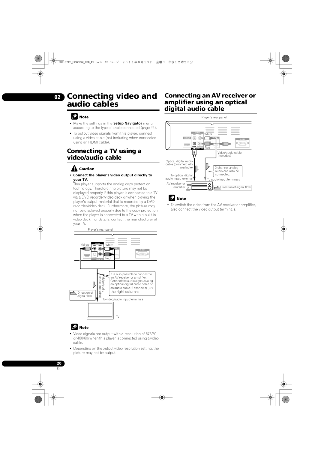 Pioneer BDP-52FD Connecting video and audio cables, Connecting a TV using a video/audio cable, Right column 