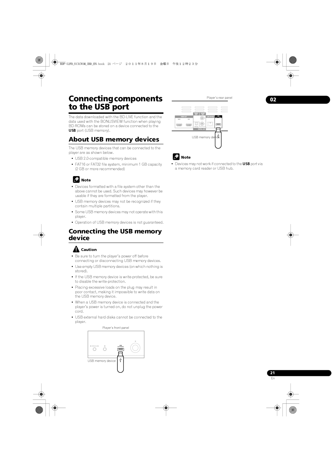 Pioneer BDP-52FD Connectingcomponents, To the USB port, About USB memory devices, Connecting the USB memory device 