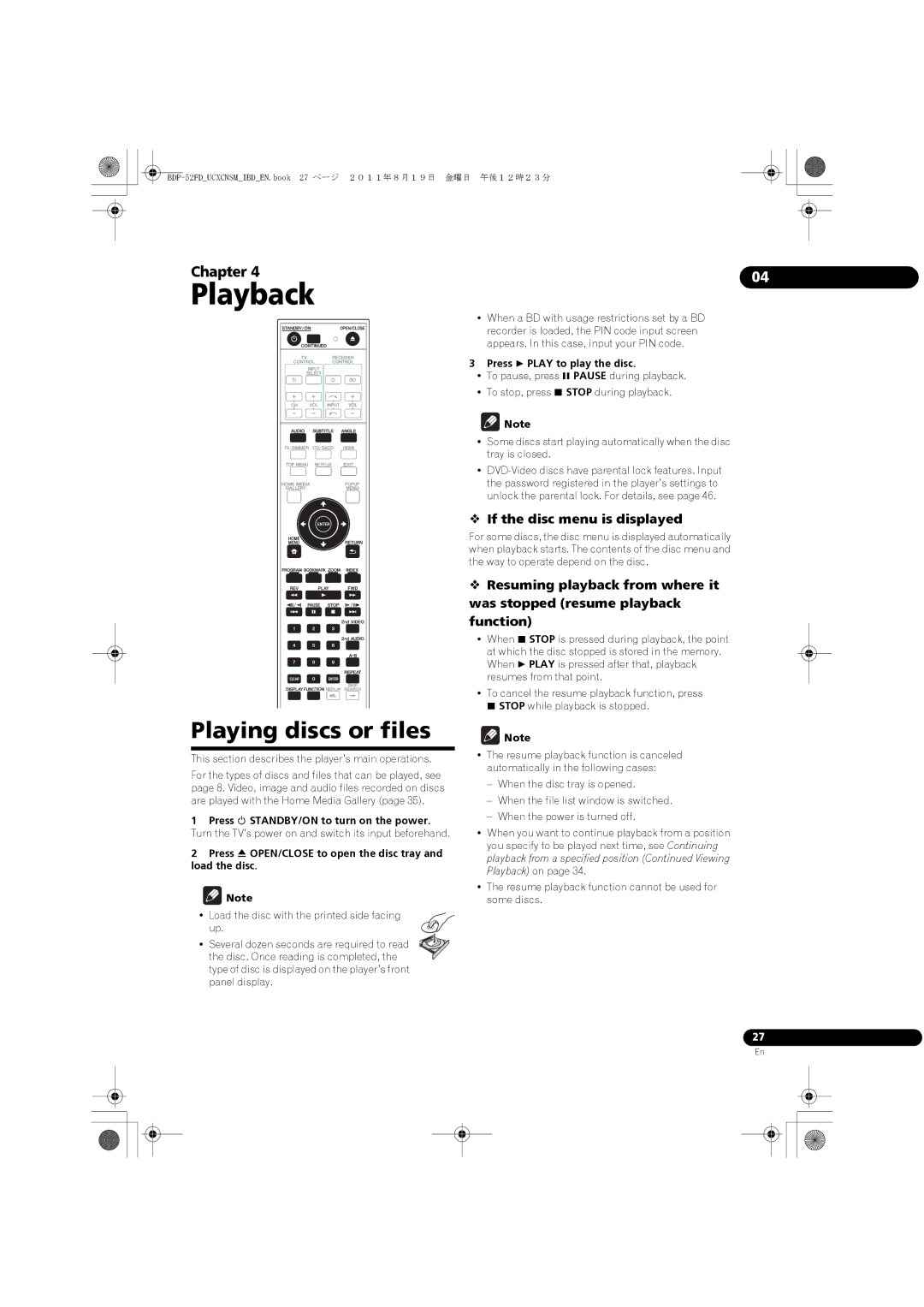 Pioneer BDP-52FD Playing discs or files,  If the disc menu is displayed, Press  Play to play the disc 