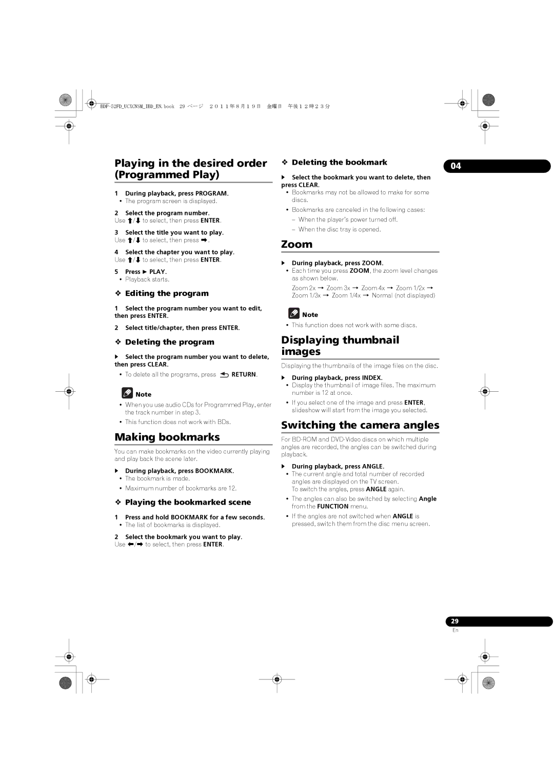 Pioneer BDP-52FD Playing in the desired order Programmed Play, Zoom, Making bookmarks, Displaying thumbnail images 