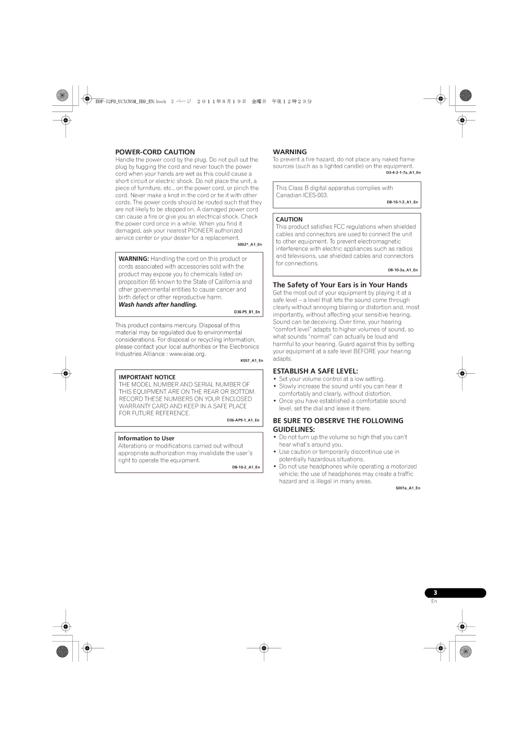 Pioneer BDP-52FD operating instructions Safety of Your Ears is in Your Hands, Information to User 