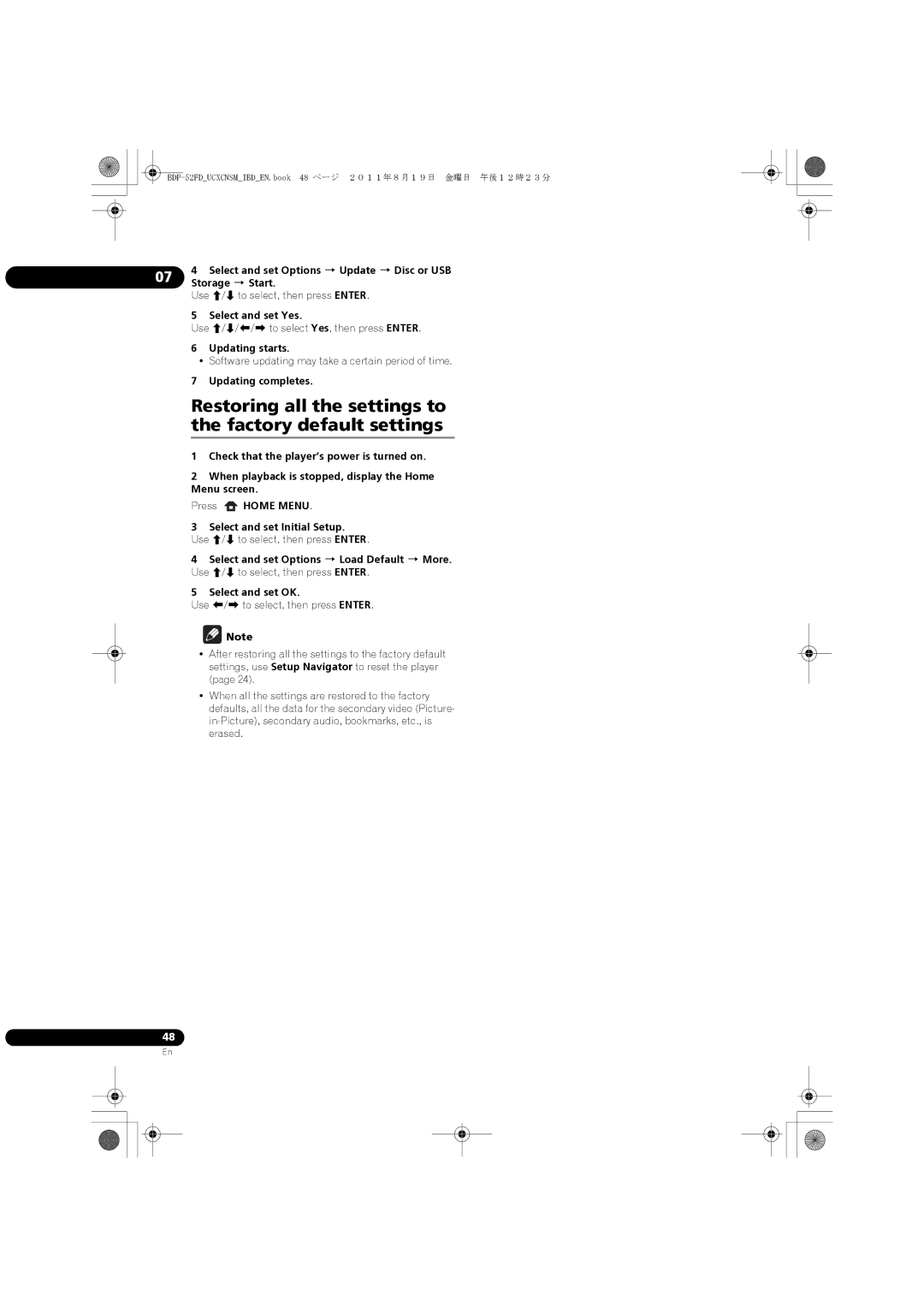 Pioneer BDP-52FD operating instructions Restoring all the settings to the factory default settings, Select and set Yes 