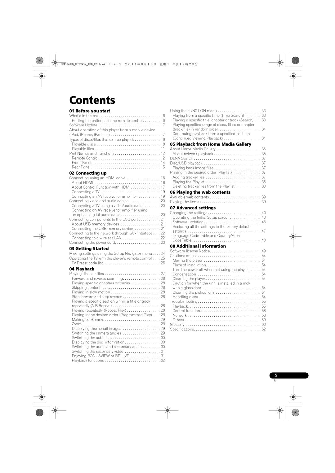 Pioneer BDP-52FD operating instructions Contents 