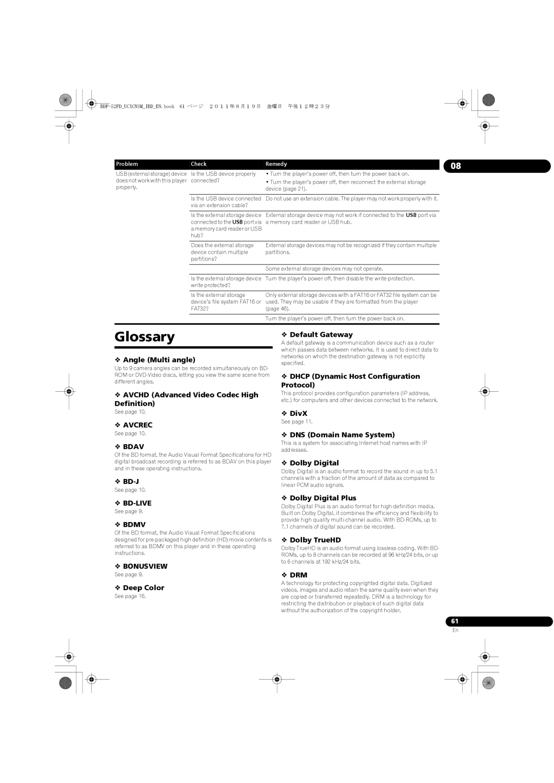 Pioneer operating instructions Glossary, BDP-52FDUCXCNSMIBDEN.book 61 ページ ２０１１年８月１９日 金曜日 午後１２時２３分 